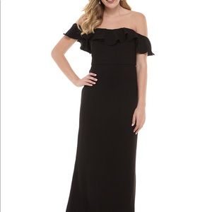 MSK Off the Shoulder Ruffle Crepe Gown Black SIZE L NWT too long im 5’1
